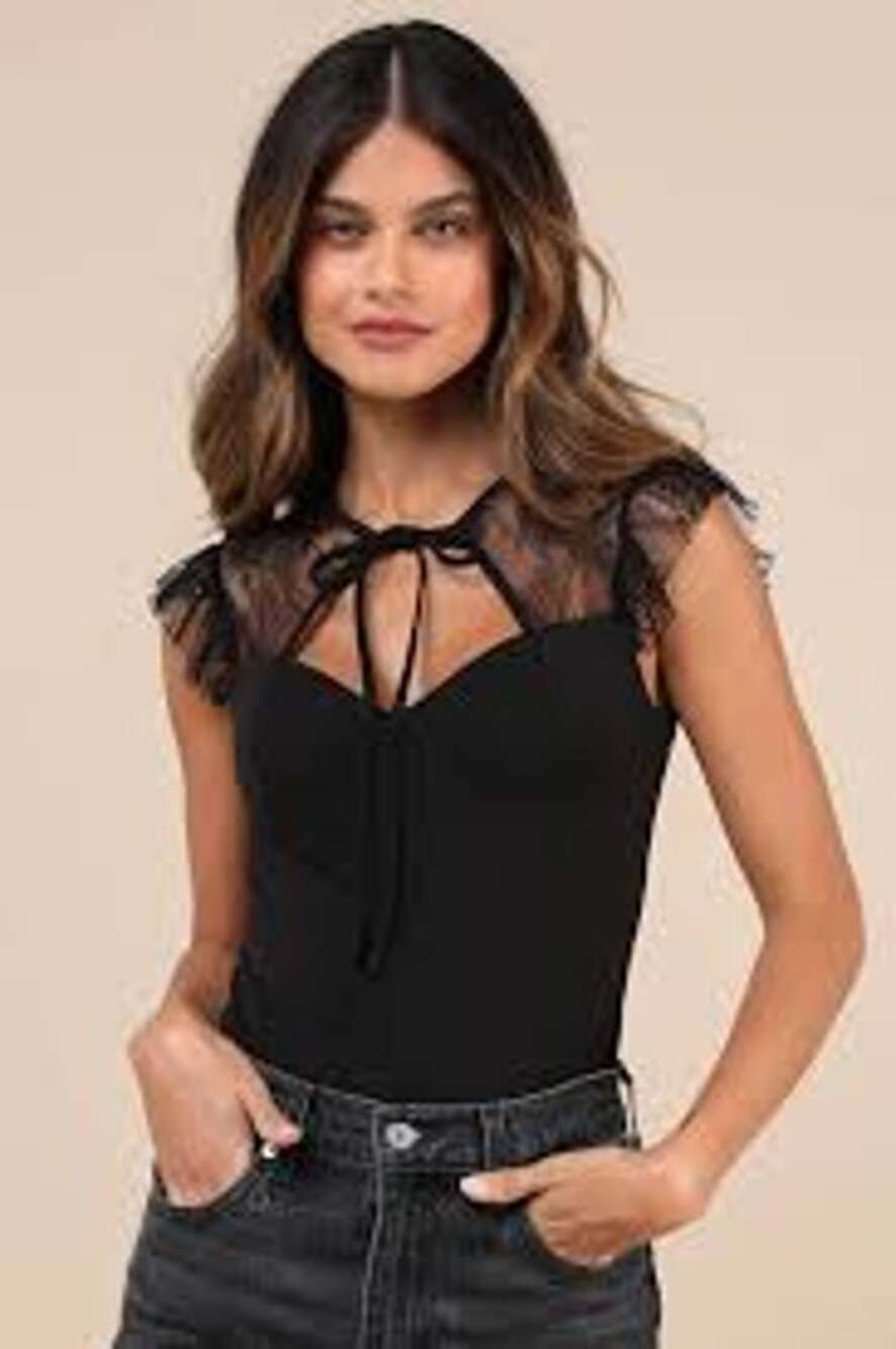 LULU'S  Coveted Crush Black Lace Tie-Neck Bodysuit Size XS NWT Whimsigoth Witchy